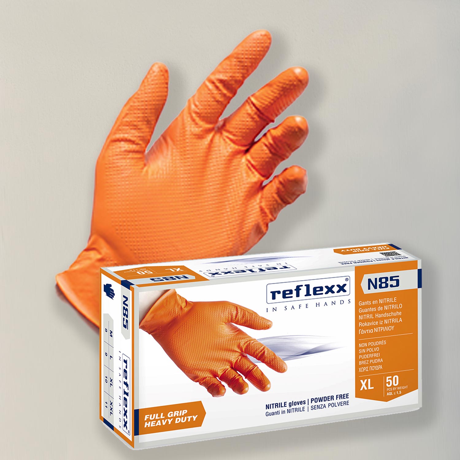 Guanti in nitrile nero reflexx n85 senza polvere full grip da 50 Pezzi gr.  8,4 ultra resistente - Guanti Nitrile Neri-Arancio - Reflexx
